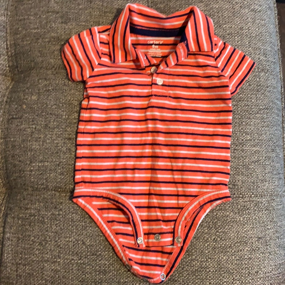 Orange, navy blue and gray stripe button onsie